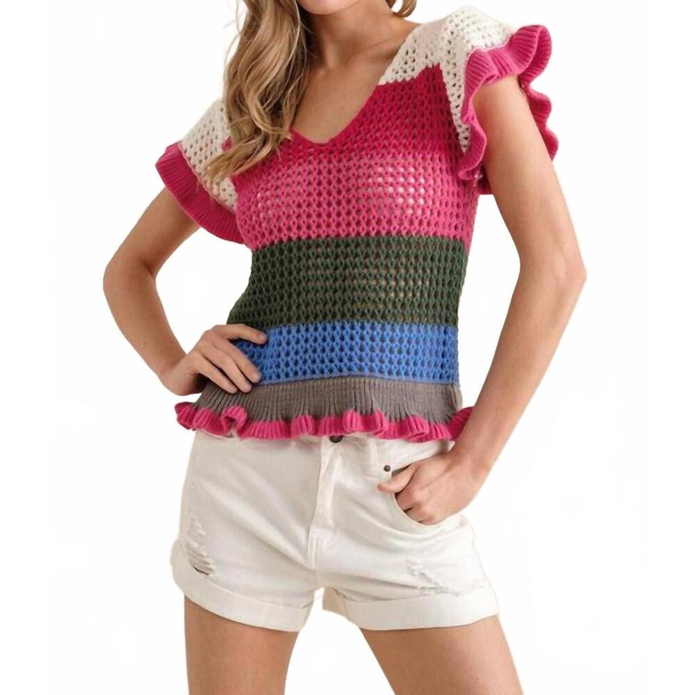 NEW BLUE B crochet ruffle knit sweater in pink
